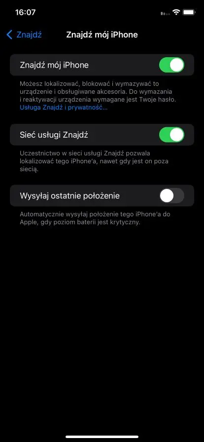 Aktywacja funkcji znajdź mój iPhone